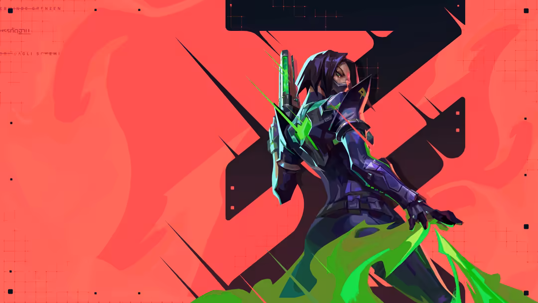 Viper from Valorant in dynamic pose with neon green weapon against vibrant red and black gradient background with geometric e
