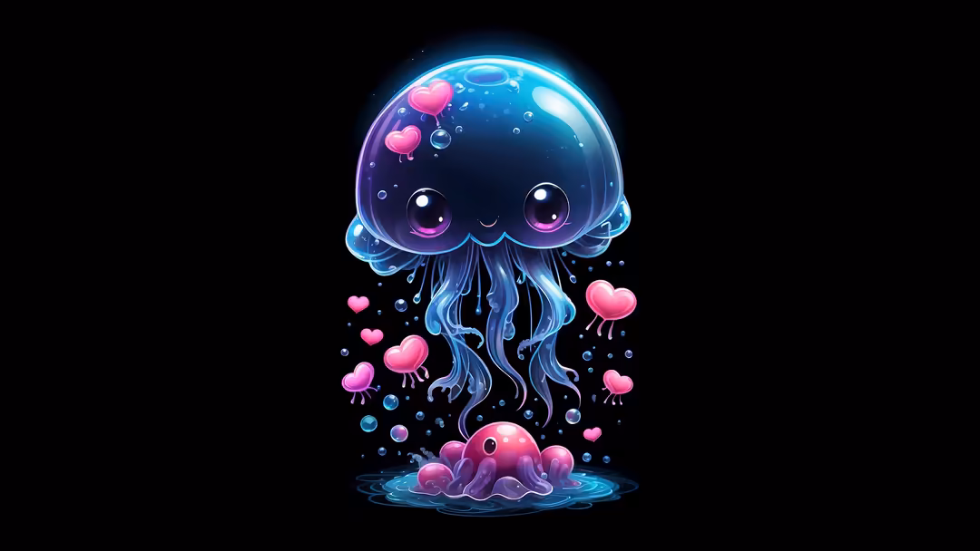 Cute glowing jellyfish with big sparkly eyes floating with pink heart-shaped creatures and bubbles on a black background in b