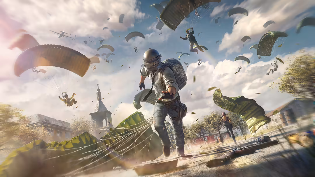 Intense skydiving scene with multiple parachuters descending over a coastal city landscape with buildings and trees visible b