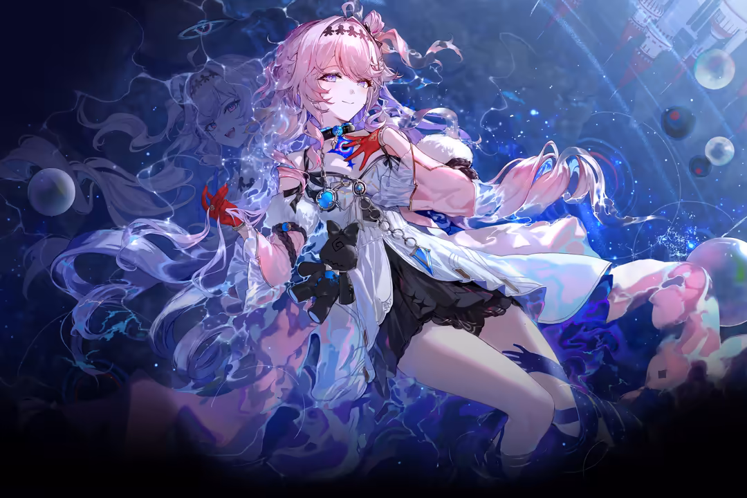 Anime character Denia with pink hair in white and black outfit surrounded by glowing blue magical effects and swirling energy