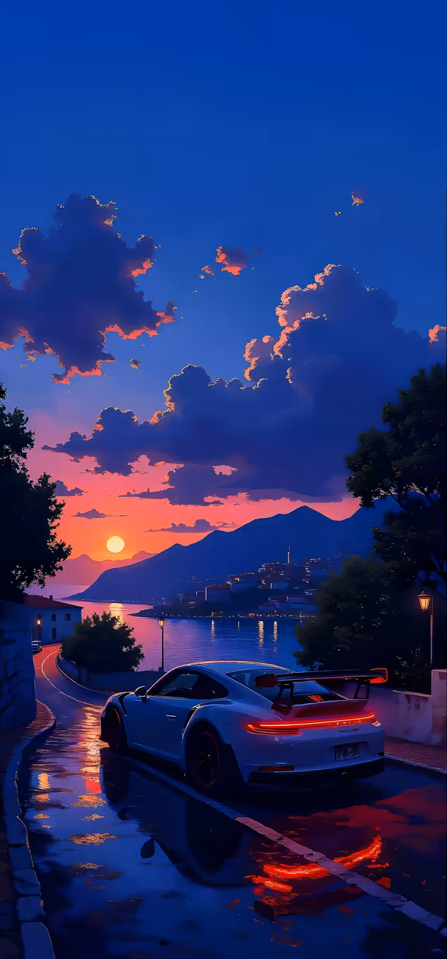 Scenic Sunset Coastal Town – Mountain View Wallpaper