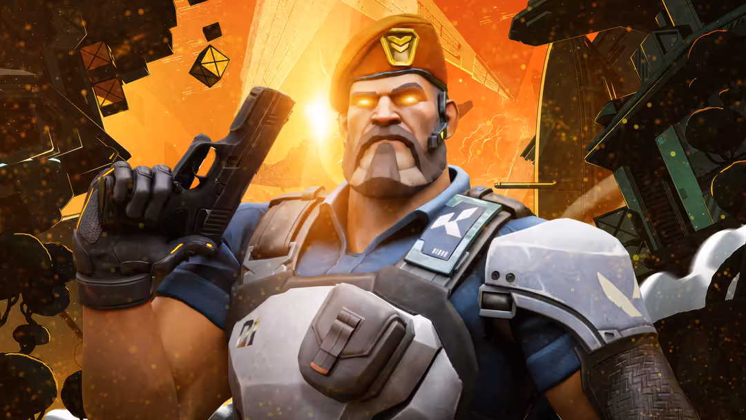 Brimstone character from Valorant game with golden glowing background, tactical gear, and commanding pose holding weapons