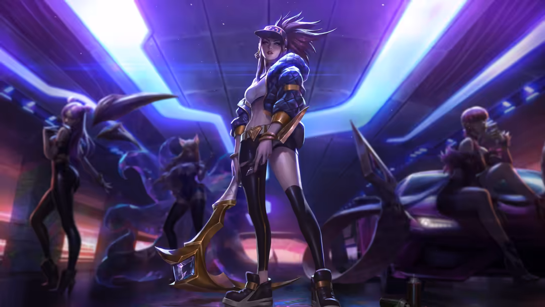 Futuristic cyberpunk warrior character Akali in neon purple lighting, wielding a glowing weapon surrounded by holographic fig