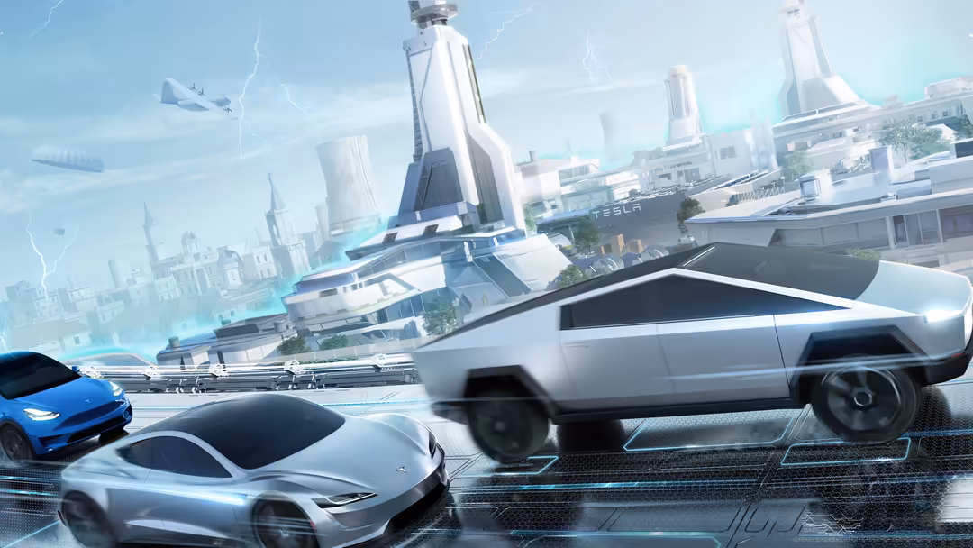 Futuristic cityscape with sleek racing cars on a wet surface, towering skyscrapers and lightning in the background, sci-fi ur