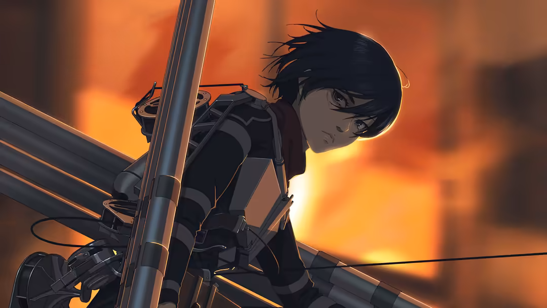 Anime character Mikasa Ackerman in tactical gear, climbing a metal structure against a dramatic orange and golden sunset sky