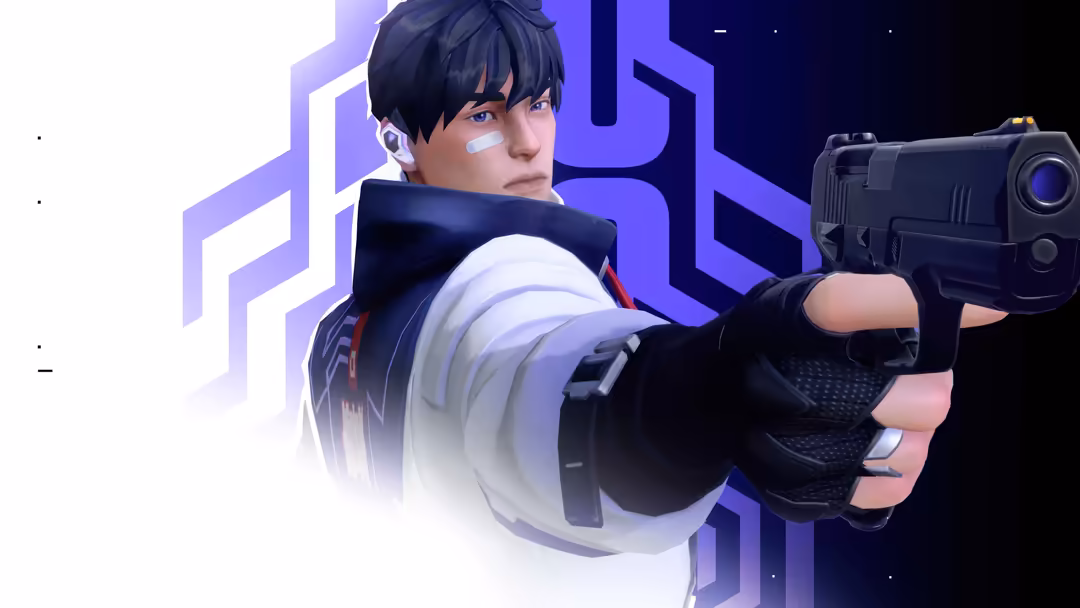 Valorant agent Iso in tactical gear holding a futuristic weapon with purple neon geometric patterns and dark background