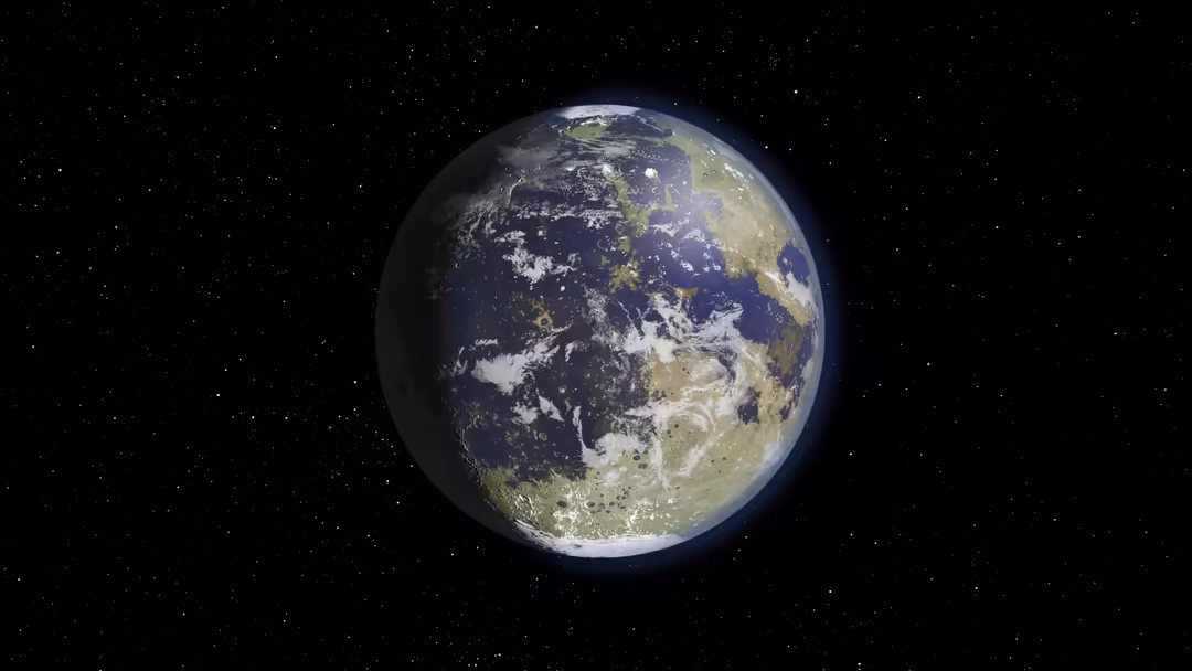 Earth suspended in space against a starry black background, showing continents, clouds, and oceans in detailed satellite view