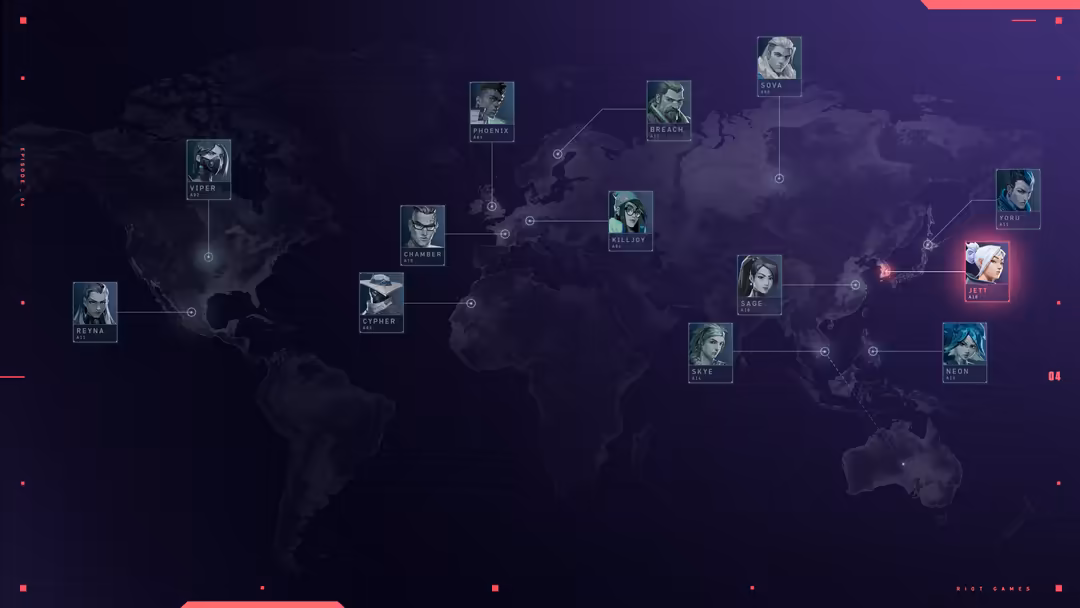 Global network map displaying Valorant agents connected across continents with purple cyberpunk aesthetic and glowing data po