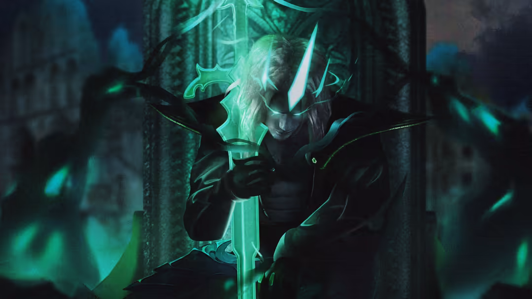Dark spectral warrior Viego wielding glowing neon green ethereal sword with ghostly aura in shadowy fortress setting