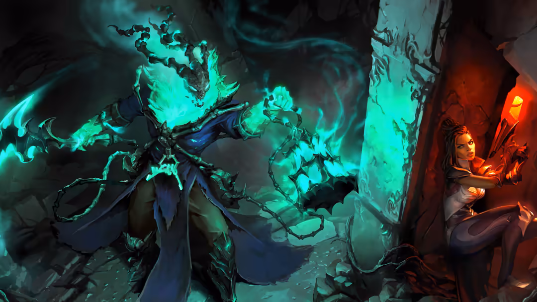 Dark fantasy character with glowing green magical effects and ethereal blue robes, surrounded by spectral energy and crimson