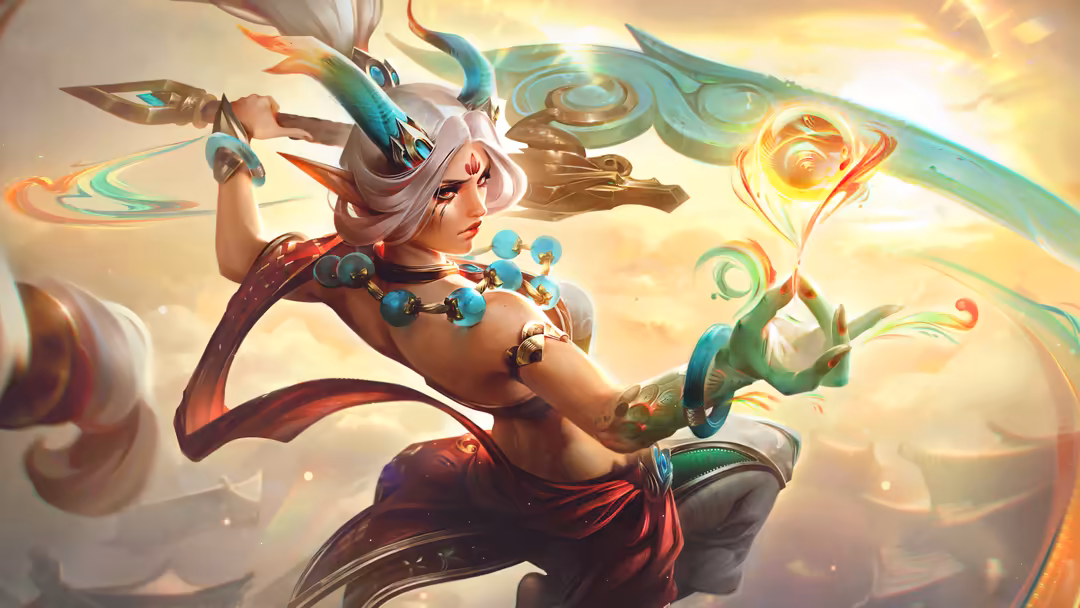 Ethereal warrior woman with white hair wielding magical weapons and glowing turquoise energy in a heavenly, cloud-filled batt