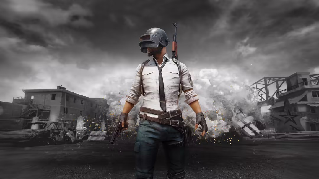 Armed soldier in tactical gear stands amid explosion and destruction, holding rifle against stormy sky and ruined buildings