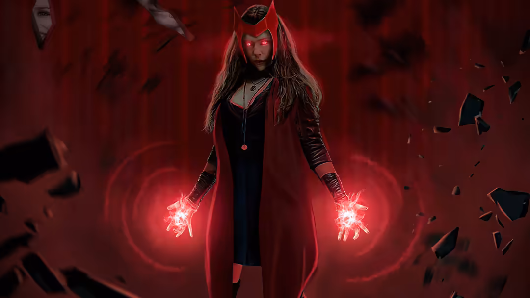 Scarlett Johansson as a character with long dark hair, horned crown, and glowing red magical energy in hands against crimson