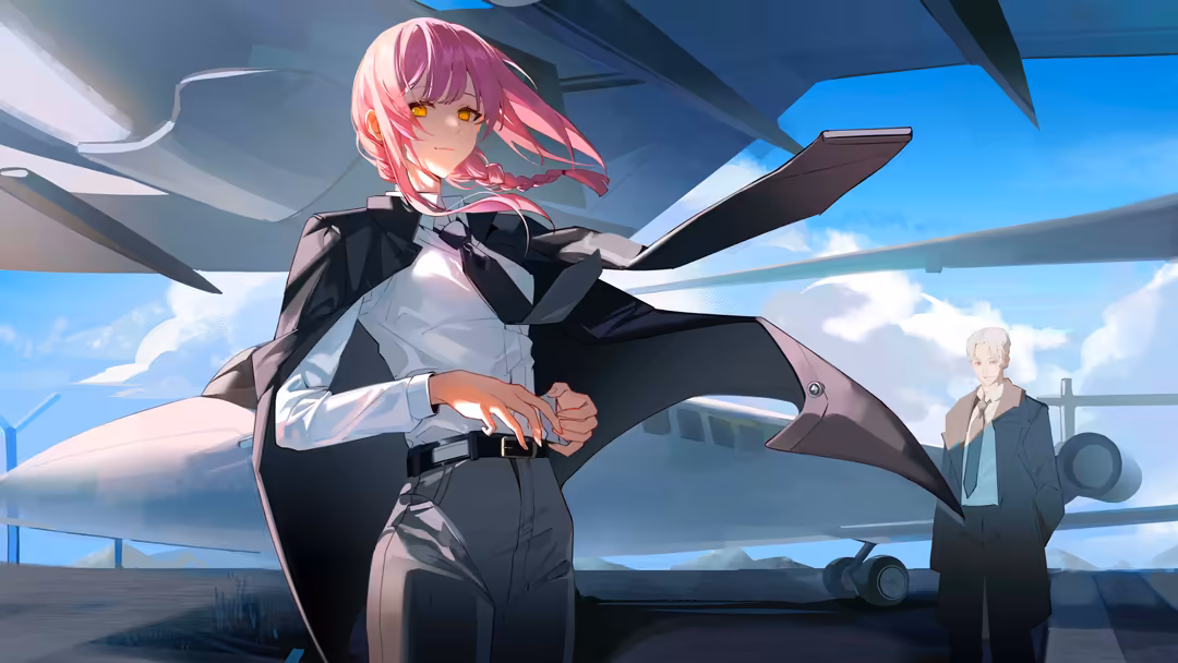 anime character with pink hair and yellow eyes in black and white outfit stands confidently on airport runway beneath…