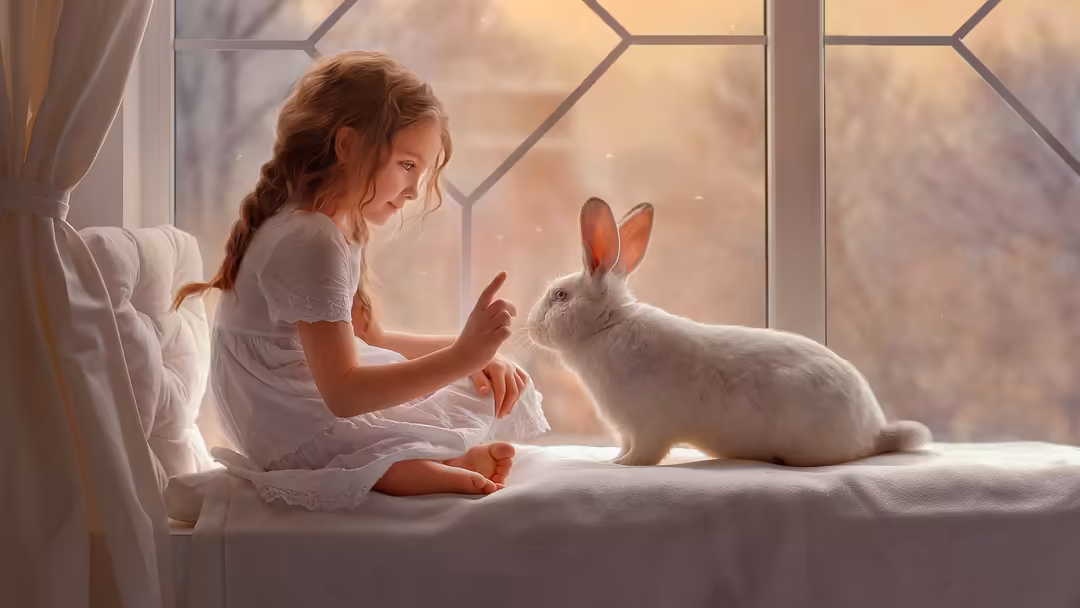 Young girl in white dress sitting on windowsill, gently touching a fluffy white rabbit, soft golden sunlight streaming throug