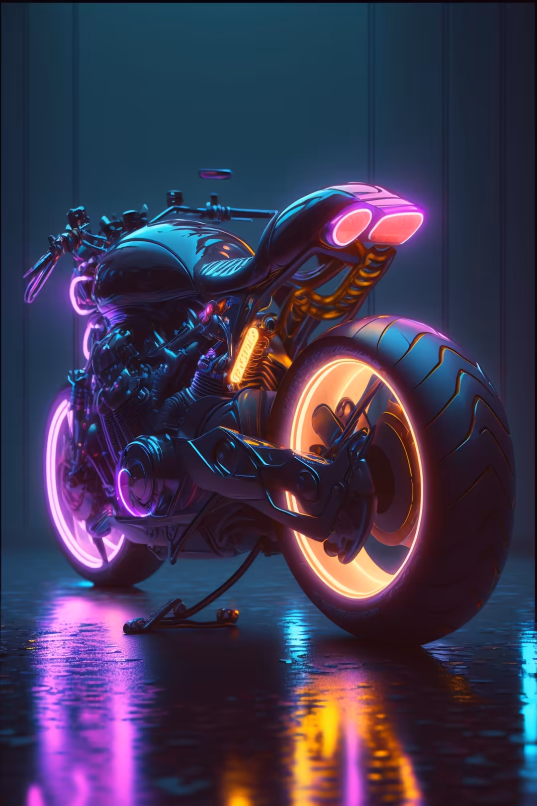 Futuristic neon motorcycle with glowing purple, blue, and orange lights on dark wet surface, cyberpunk aesthetic design