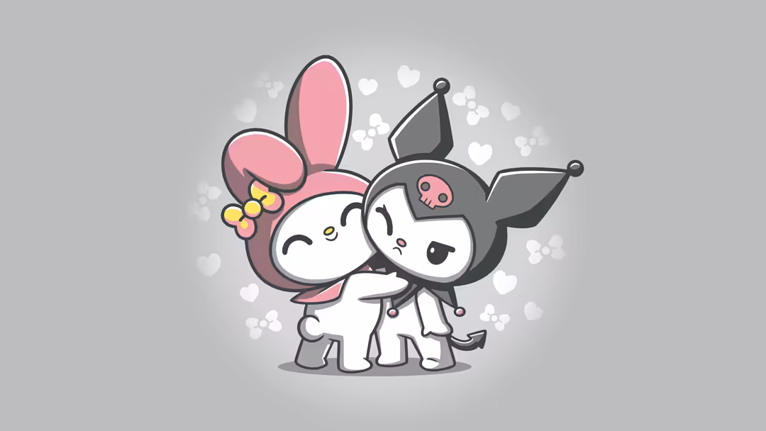 Two adorable cartoon creatures with pink bunny ears and horns hugging each other surrounded by floating hearts and bokeh on a