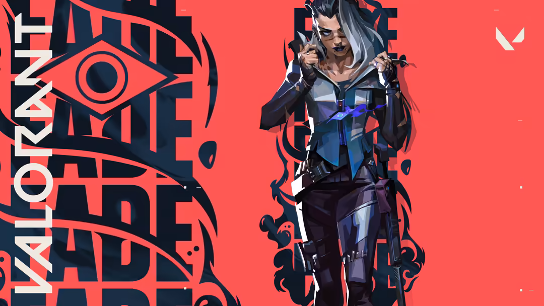 Valorant agent Fade in tactical black and blue outfit with long dark hair, posed against vibrant red background with geometri