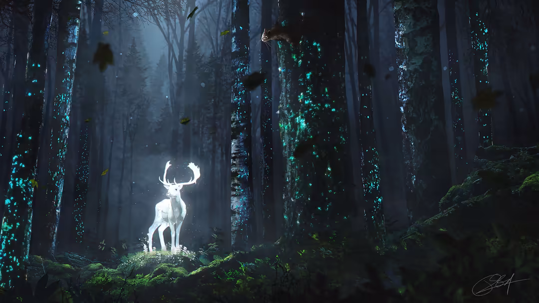 Luminescent white deer with glowing antlers standing in a dark forest with neon cyan bioluminescent trees and glowing moss cr