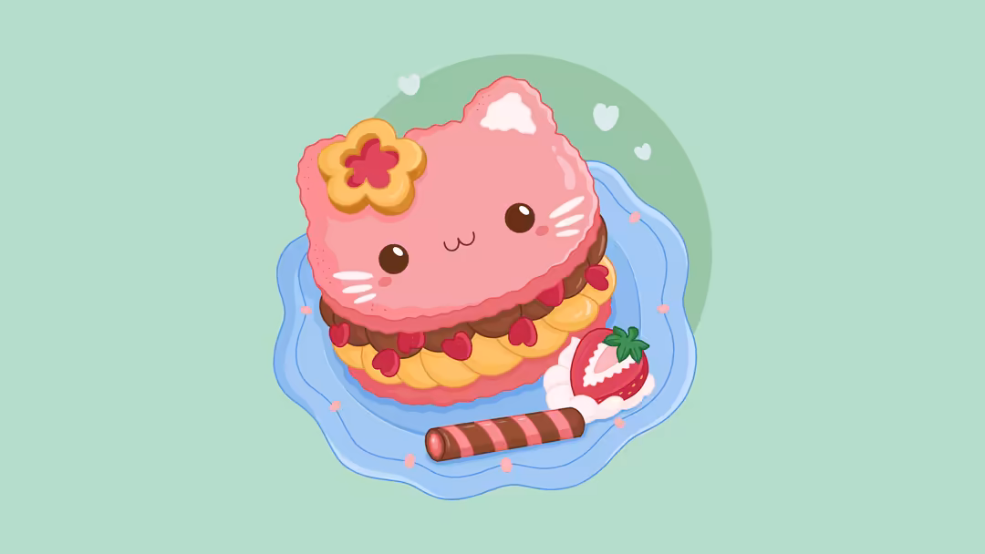 Cute smiling pink cake character with a yellow flower, holding a strawberry, surrounded by blue clouds and white hearts on a