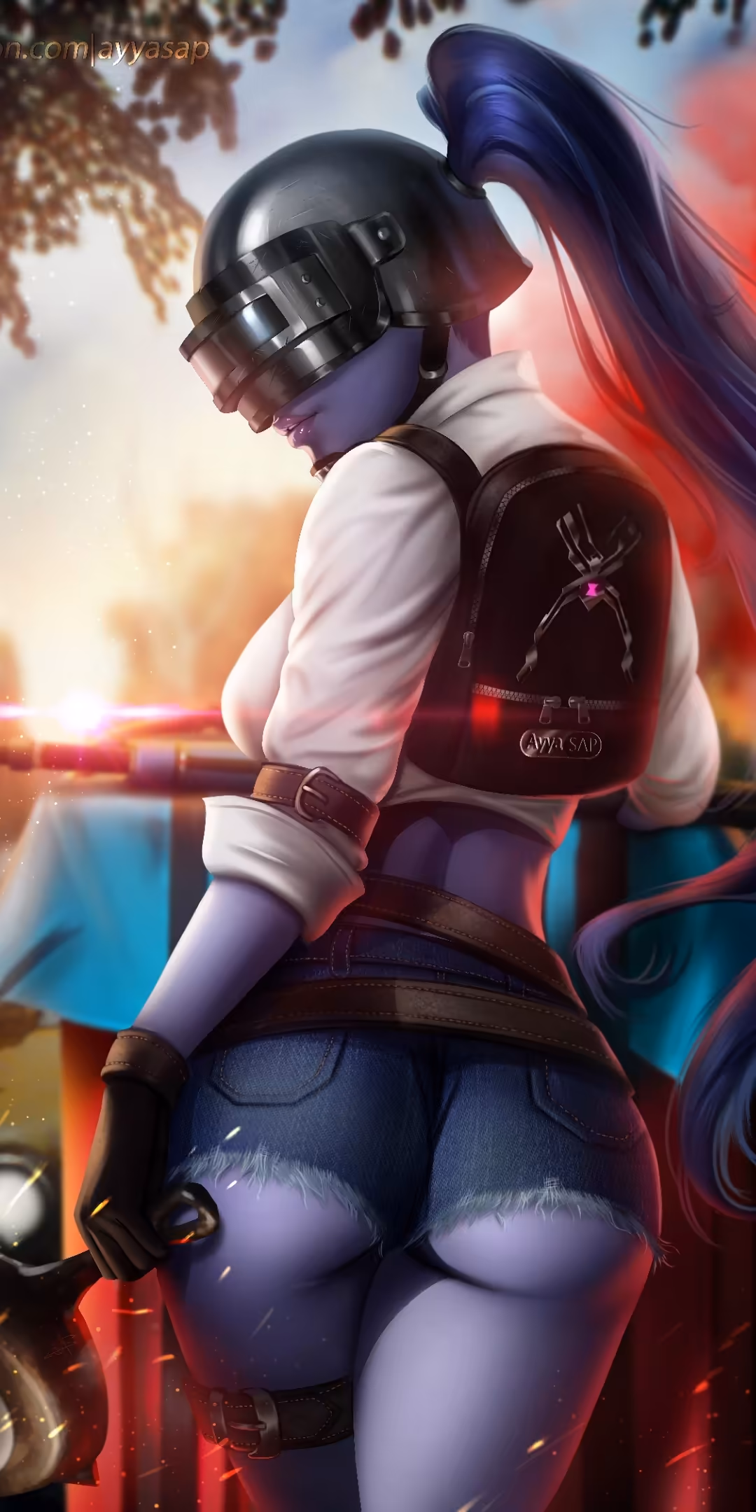 Tactical PUBG operator in black helmet and white tactical gear with neon pink and blue lighting effects and futuristic backpa