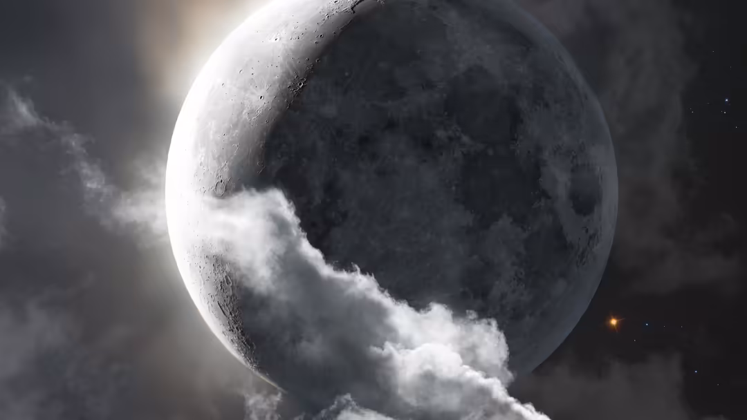 A luminous moon partially obscured by white clouds against a dark starry sky, creating a mystical celestial atmosphere.
