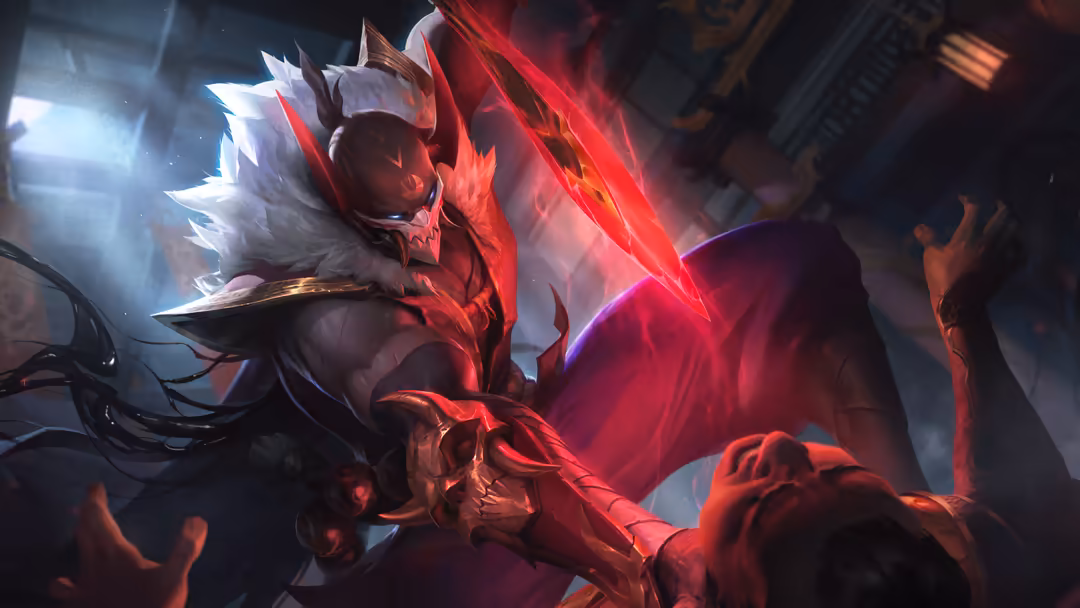 Dark fantasy warrior character with flowing white hair, glowing red armor and ethereal effects, dramatic lighting against sha