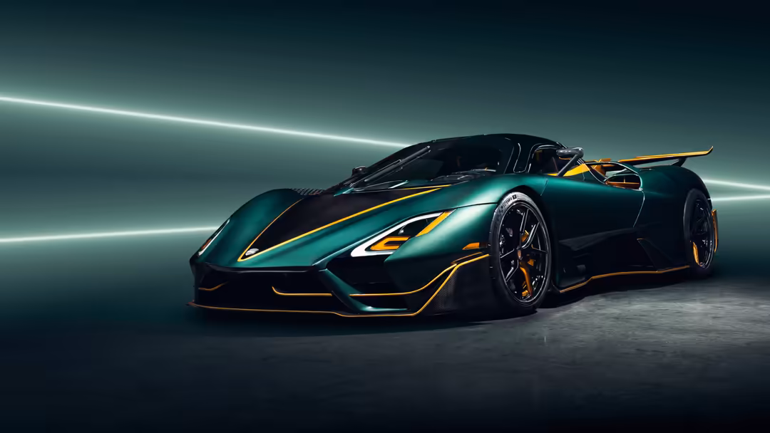 Sleek dark green and gold SSC Tuatara Aggressor sports car with neon lighting and aerodynamic design against teal background
