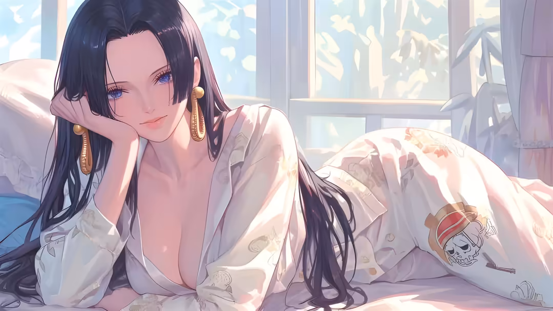 Anime girl with dark hair and blue eyes relaxing indoors by a sunlit window, wearing white clothing with warm golden light ca