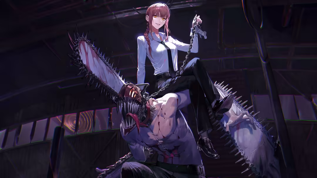 Makima from Chainsaw Man with purple hair and white shirt, wielding spiked chainsaw weapons in a dark neon cyberpunk setting