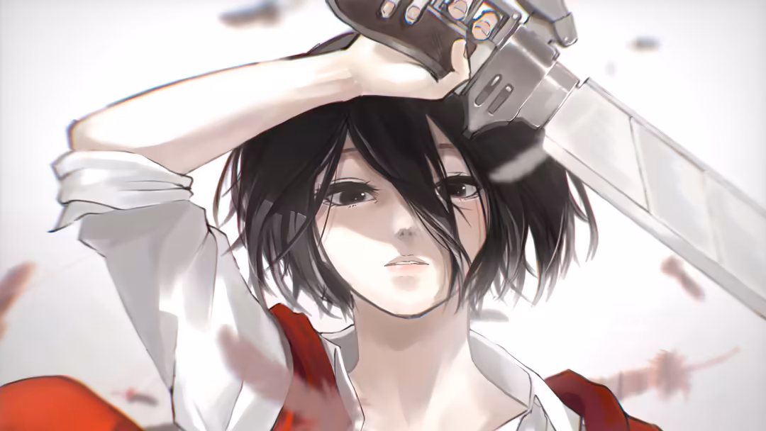 Anime character Mikasa Ackerman holding an ODM gear device overhead, wearing white jacket with red accents, black hair flowin