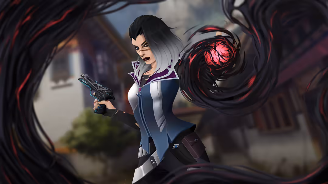 Stylized animated female character with black and white hair holding a pistol, surrounded by glowing red energy vortex effect
