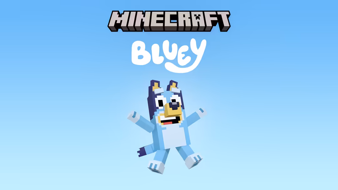 Minecraft-style Bluey character with blue and white pixelated design, smiling with arms raised against a light blue sky backg