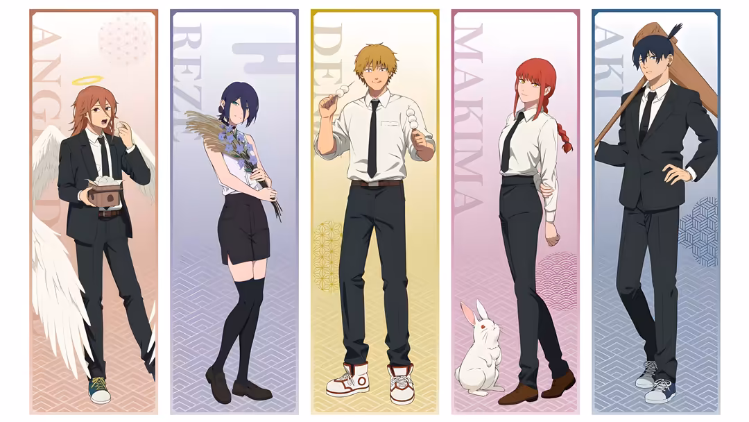 five anime characters in business attire stand vertically against colored backgrounds labeled angel, revenger, devilman,…