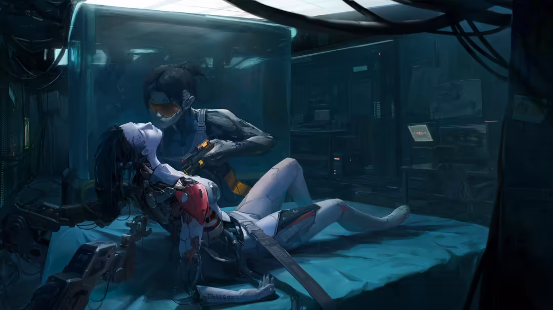 Cyberpunk warrior in sleek armor rests in neon-lit futuristic chamber with glowing terminals and dark atmospheric setting