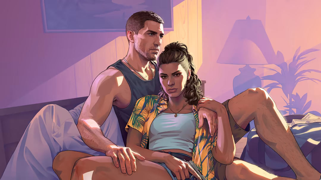 Two characters relaxing indoors with warm tropical sunset lighting, palm trees visible through windows, vibrant purple and or