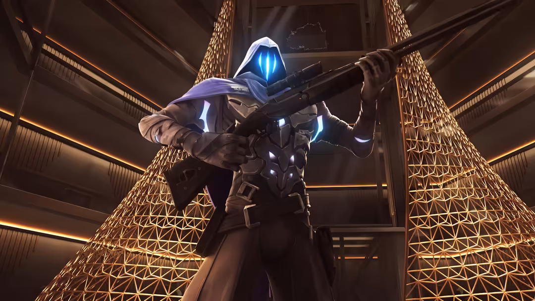 Futuristic tactical agent with glowing blue helmet and armor holding rifle in high-tech neon-lit facility with geometric arch