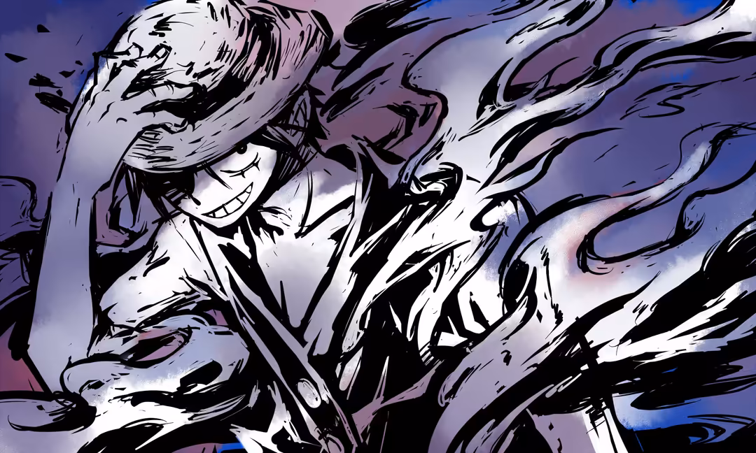 Anime character with black hair and wide grin in dynamic action pose with flowing purple and white energy effects against gra