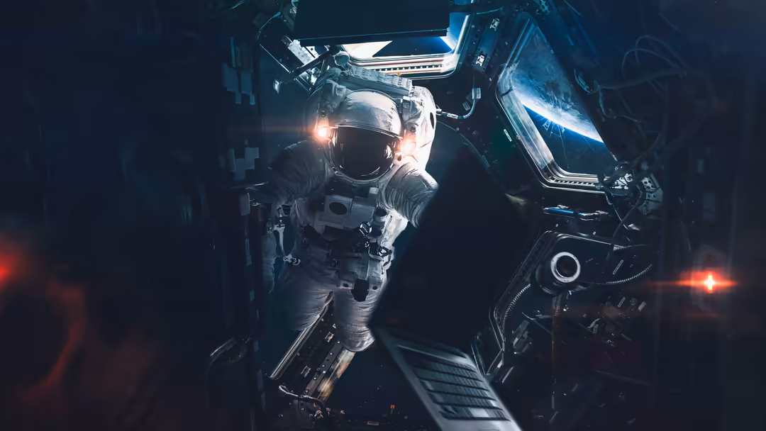 Astronaut in white spacesuit inside illuminated spacecraft module with blue and red lighting in deep space