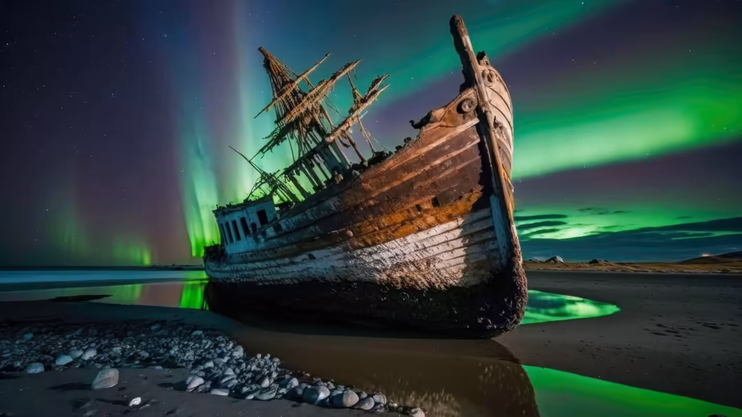 Abandoned shipwreck beached on shore beneath vibrant green northern lights aurora dancing across starry night sky