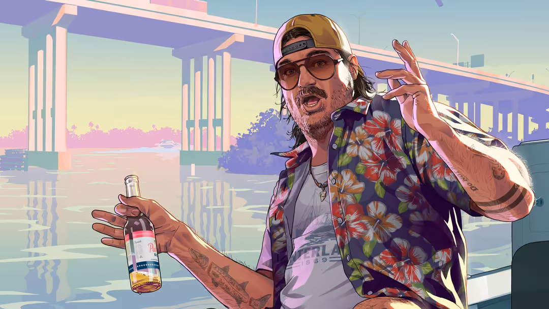 Stylized character in colorful floral shirt holding drink with neon-lit bridge and sunset cityscape in background