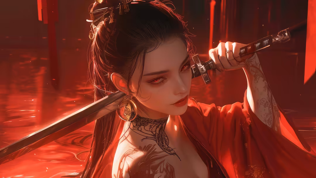 Tattooed warrior woman in red neon lighting with katana sword, dark futuristic cyberpunk aesthetic and intense dramatic atmos
