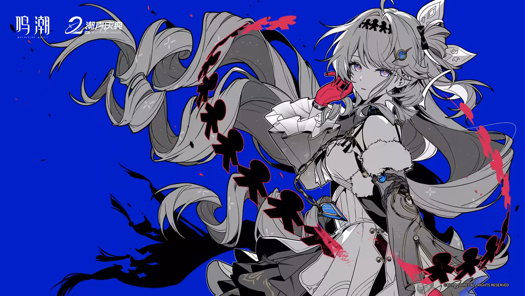 Denia character in dynamic action pose with flowing silver hair, red accents, and flowing cape against vibrant blue backgroun