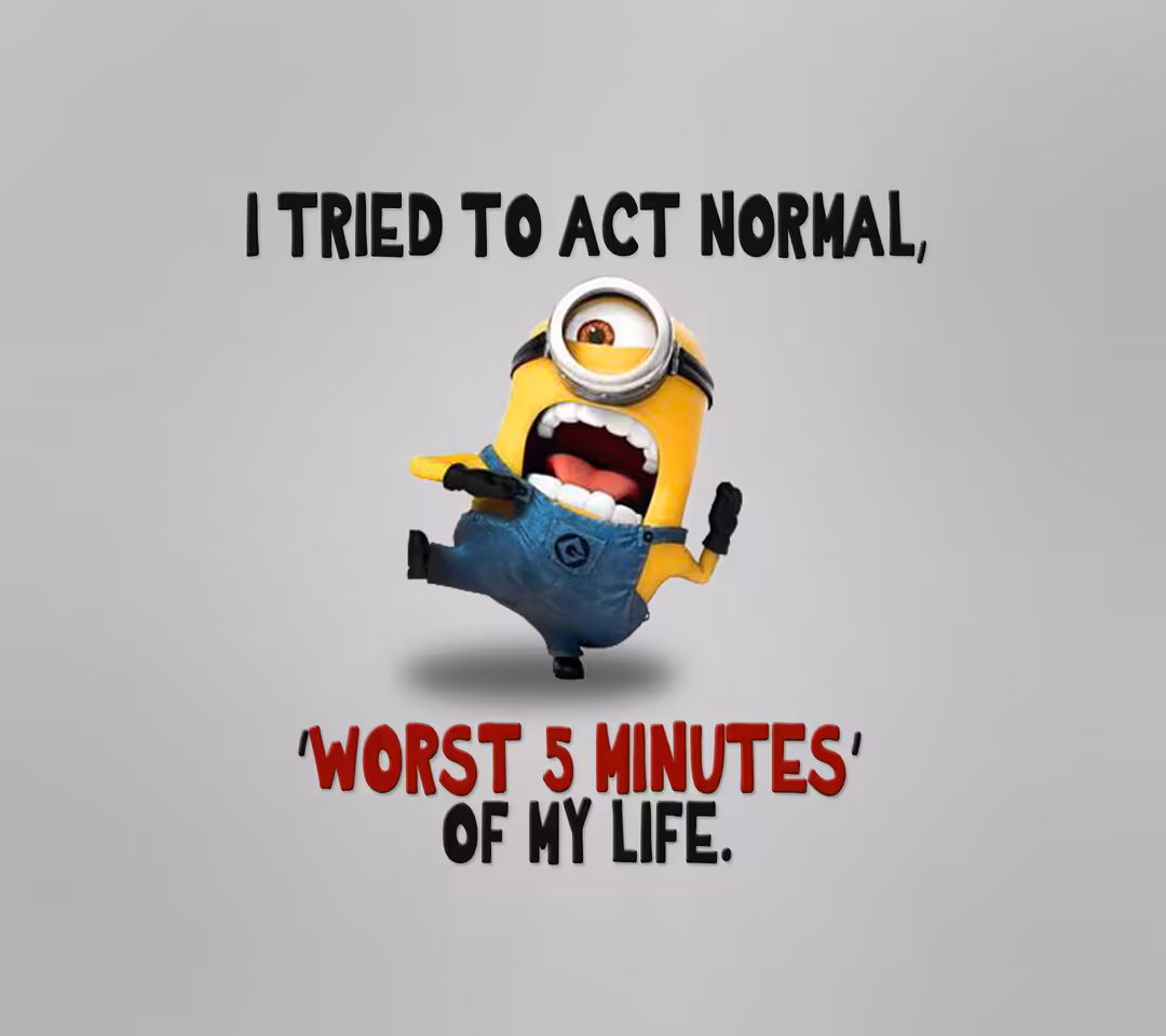 Yellow minion character with wide open mouth and shocked expression against gray background with humorous text about acting n