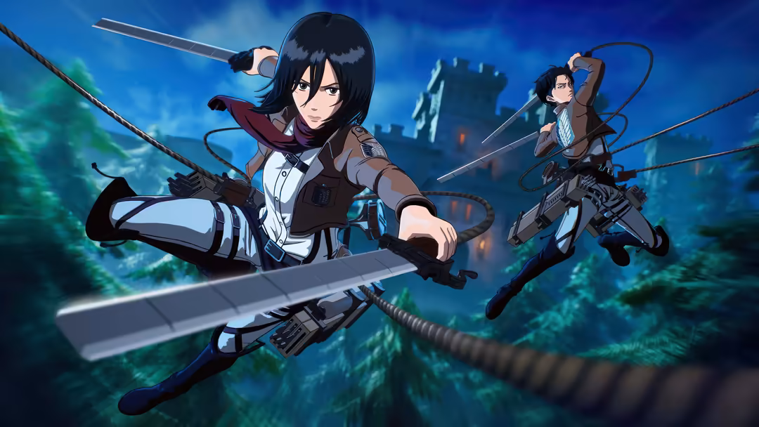 Mikasa Ackerman in combat gear wielding dual swords, poised for battle with determined expression and castle backdrop