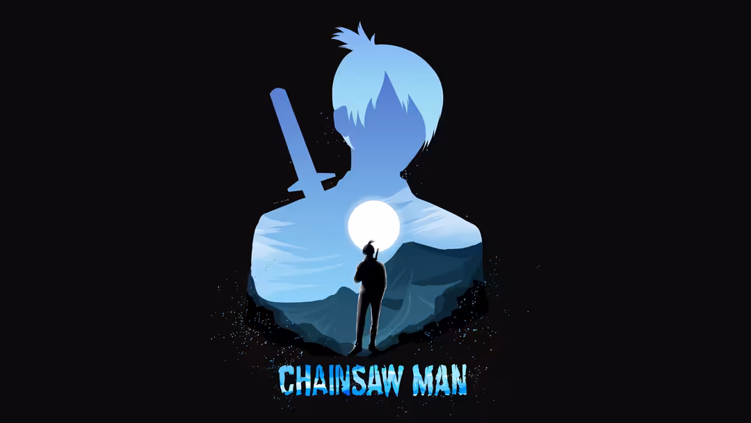 Makima character silhouette with blue tinted figure holding a sword against a full moon landscape backdrop on dark background