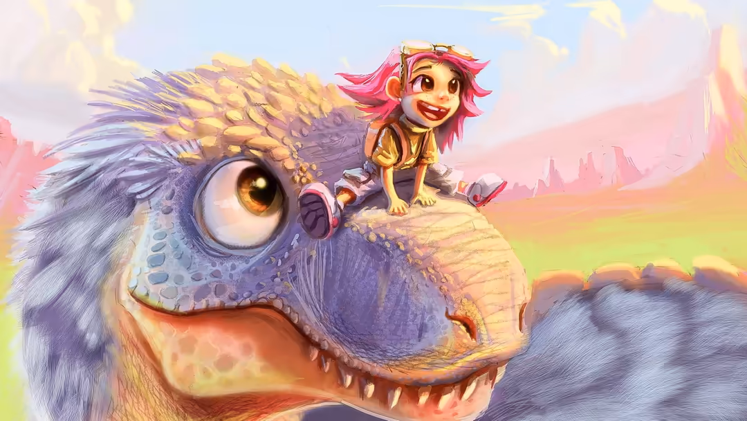 Whimsical illustration of a smiling purple dragon with golden wings carrying a cheerful pink-haired character in a vibrant fa