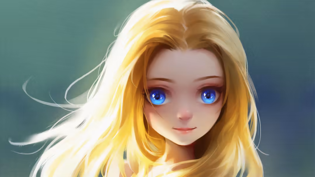 Anime girl with flowing blonde hair and bright blue eyes against a soft teal background, featuring delicate facial features a