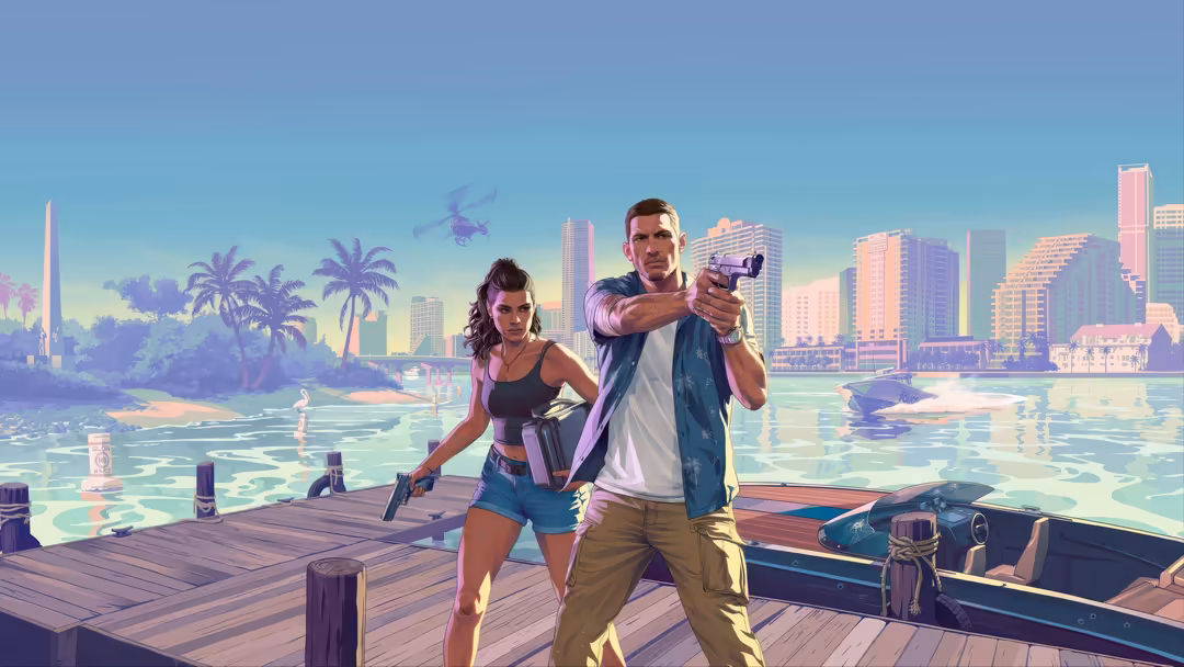 Two armed characters on a dock overlooking a vibrant tropical city with pink and purple neon-lit skyscrapers, palm trees, and
