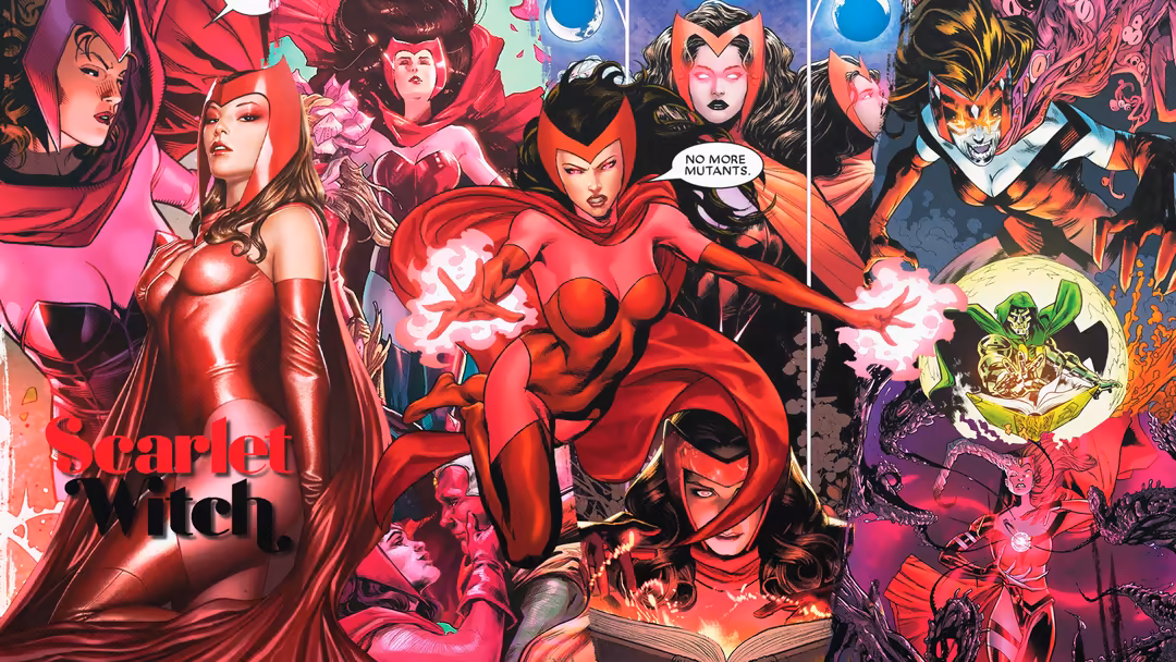 Stylized comic book art featuring a woman in red superhero costume with pink and purple tones, surrounded by villainous chara